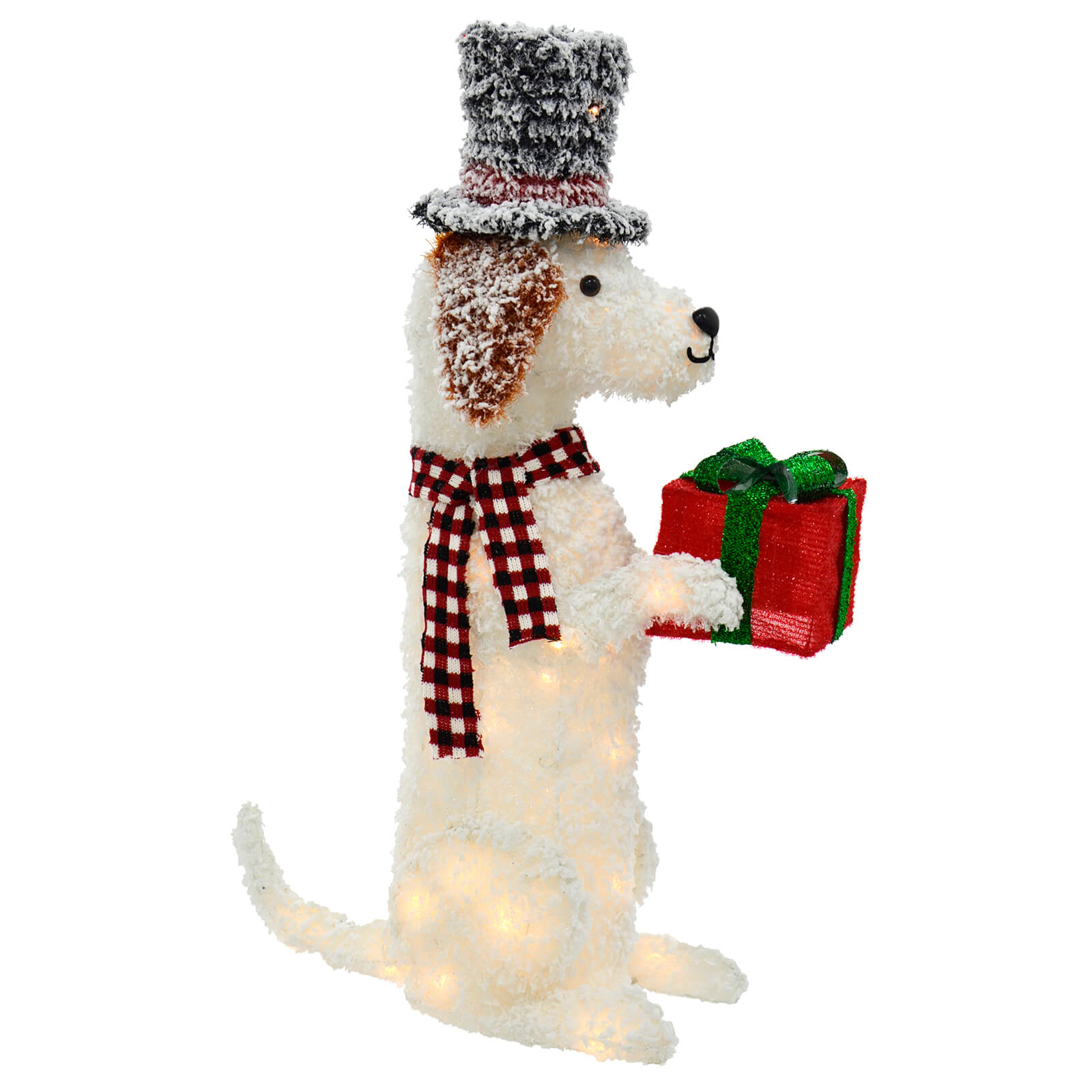 Large white light up dog Christmas decoration with top hat, red checked scarf, green and red gift, and lit by warm white LED lights
